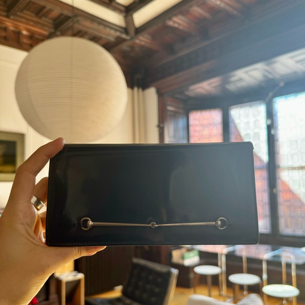 Vintage Gucci patent blue leather bifold horse-bit long wallet / clutch